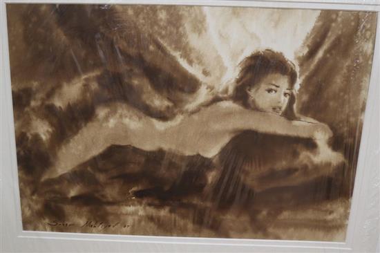 Ressam Sabir Mehtiyer (Turkish), monochrome watercolour, Female nude, signed and dated 07, 36 x 53cm, unframed